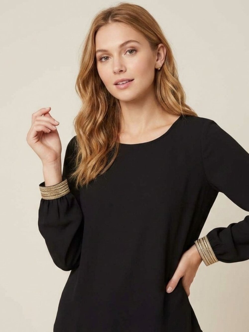 Stella and Dot Black Long Sleeve blouse with metallic gold strip cuff- SMALL